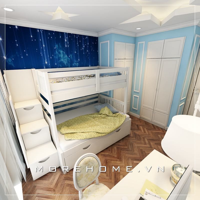 Mẫu giường ngủ gỗ tự nhiên phun sơn trắng tinh tế là lựa chọn hoàn hảo để trang trí phòng ngủ của 2 bé trai của bạn.